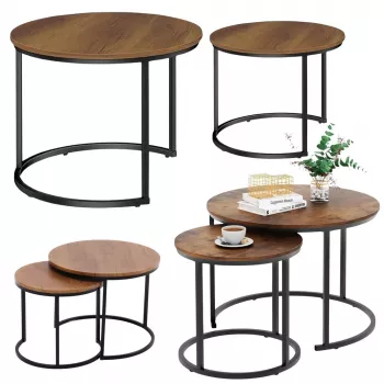 LEAN Set de 2 mesas de centro redondas 2 en 1 vintage madera natural 70x50cm 45x44cm