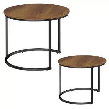 LEAN Set de 2 mesas de centro redondas 2 en 1 vintage madera natural 70x50cm 45x44cm