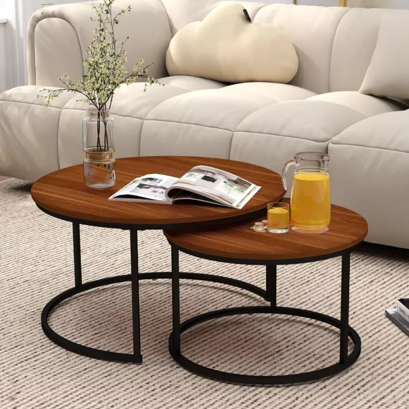 LEAN Set de 2 mesas de centro redondas 2 en 1 vintage madera natural 70x50cm 45x44cm