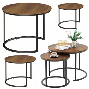 LEAN Set de 3 mesas de centro redondas 3 en 1, vintage, madera natural, 51 cm, 40 cm, 30 cm