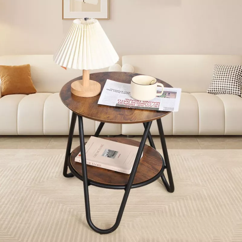LEAN Mesa de centro redonda con estante adicional Industrial Vintage 40x42 cm