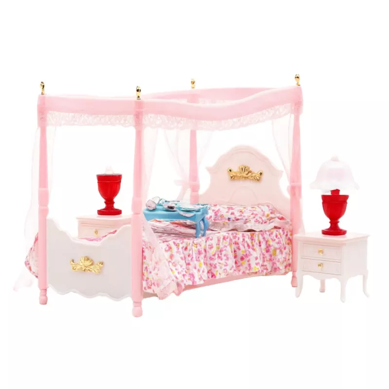 LEAN TOYS Set de muebles para muñecas: cama con dosel, mesitas de noche, lámparas