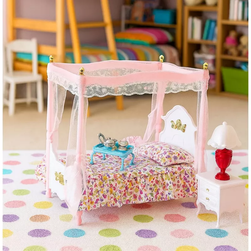LEAN TOYS Set de muebles para muñecas: cama con dosel, mesitas de noche, lámparas