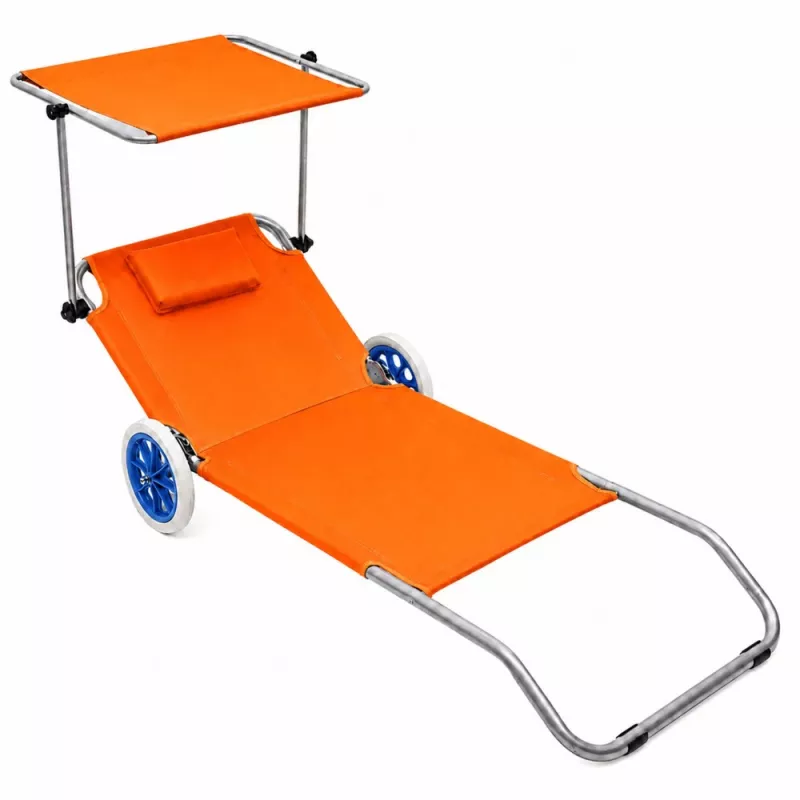 LEAN Tumbona plegable de jardín y playa con ruedas y toldo, aluminio, naranja