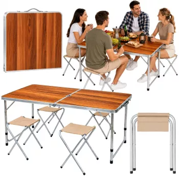 Conjunto de muebles de camping LEAN - mesa plegable y 4 taburetes en maleta de madera