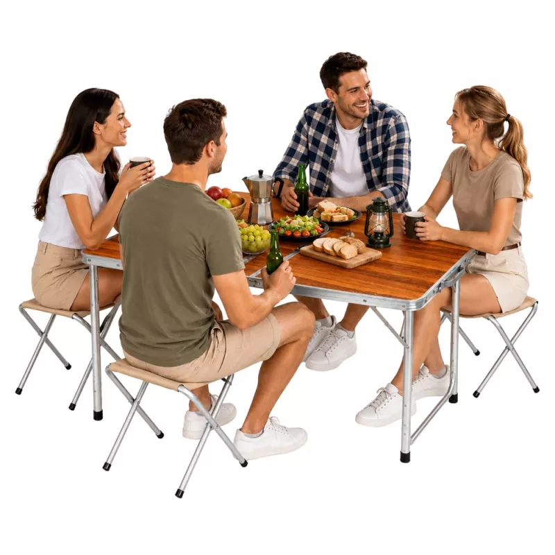 Conjunto de muebles de camping LEAN - mesa plegable y 4 taburetes en maleta de madera