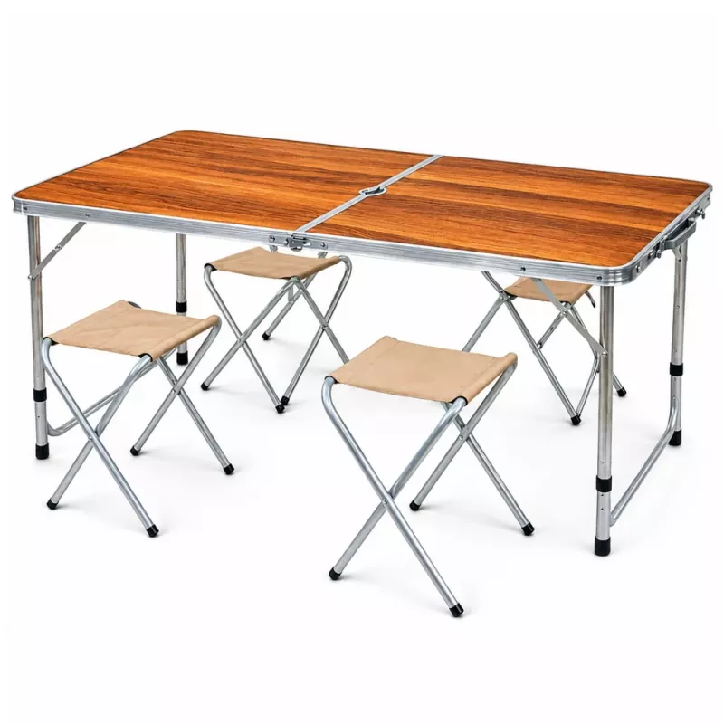 Conjunto de muebles de camping LEAN - mesa plegable y 4 taburetes en maleta de madera