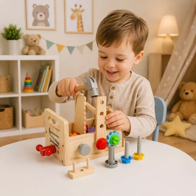 LEAN TOYS Set de caja de herramientas de madera para niños con engranajes y tuercas - 25 piezas, madera FSC, a partir de 3 años