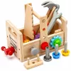 LEAN TOYS Set de caja de herramientas de madera para niños con engranajes y tuercas - 25 piezas, madera FSC, a partir de 3 años
