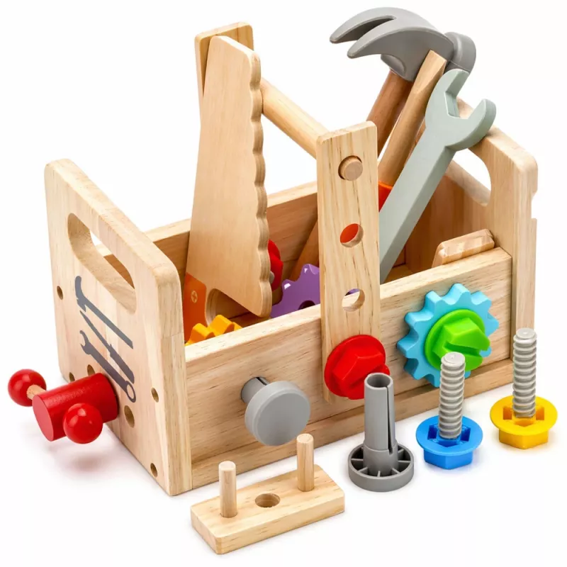 LEAN TOYS Set de caja de herramientas de madera para niños con engranajes y tuercas - 25 piezas, madera FSC, a partir de 3 años