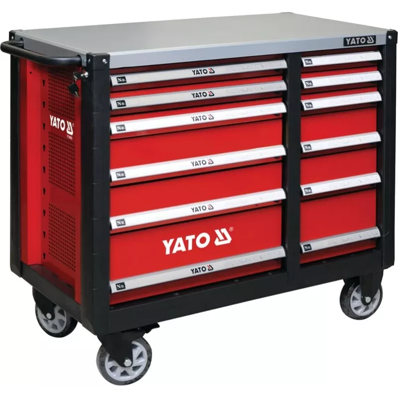 Yato YT-09003 Carro de herramientas de acero, 7 cajones, capacidad de carga 150 kg, guías con rodamientos, cierre centralizado, ruedas de 125 mm
