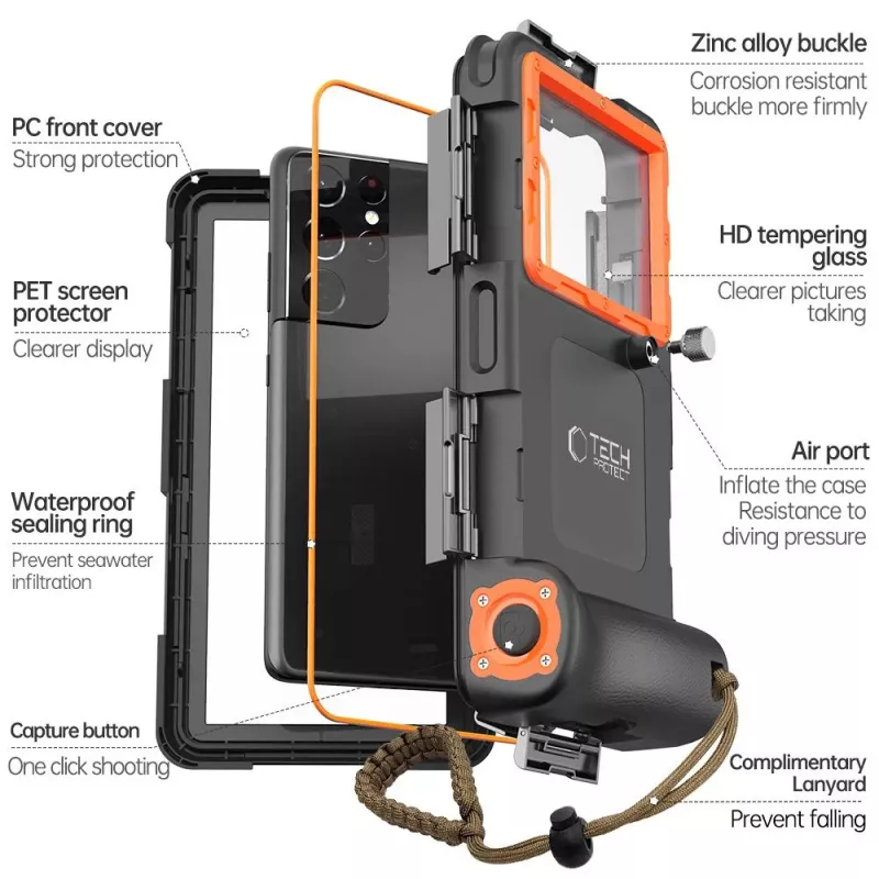 TECH-PROTECT IPX8 Funda Sumergible Universal para Buceo Negro/Naranja