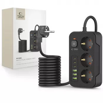 TECH-PROTECT PC3X6 Regleta de Enchufes 3 USB y 3 Type-C y 3 Tomas 200cm Negro