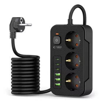 TECH-PROTECT PC3X6 Regleta de Enchufes 3 USB y 3 Type-C y 3 Tomas 200cm Negro