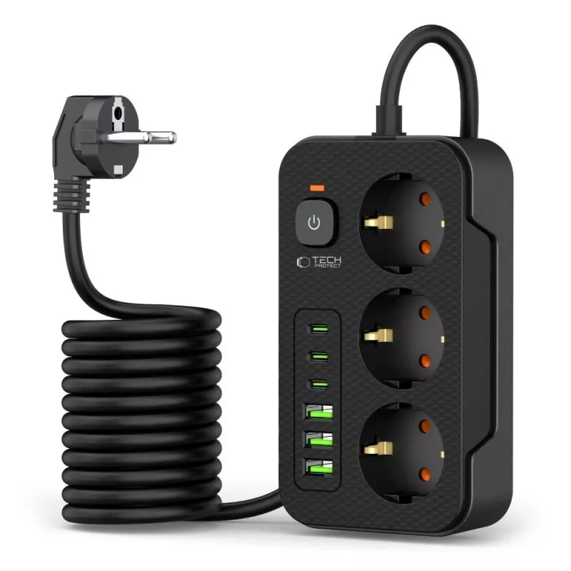 TECH-PROTECT PC3X6 Regleta de Enchufes 3 USB y 3 Type-C y 3 Tomas 200cm Negro