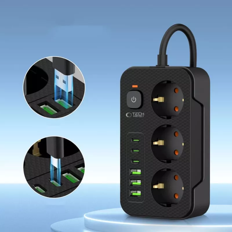 TECH-PROTECT PC3X6 Regleta de Enchufes 3 USB y 3 Type-C y 3 Tomas 200cm Negro