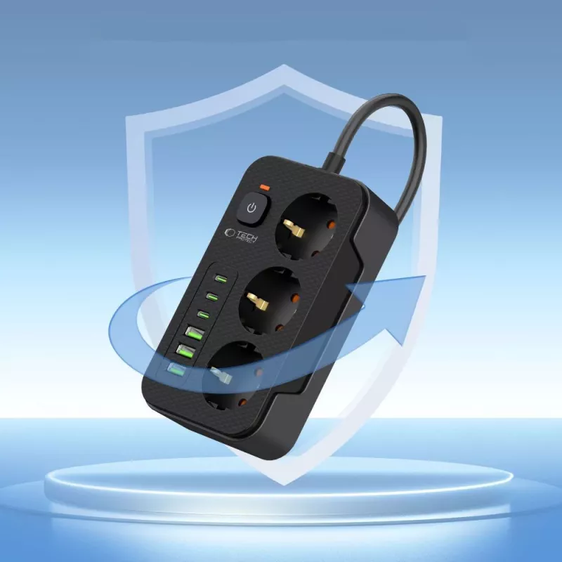 TECH-PROTECT PC3X6 Regleta de Enchufes 3 USB y 3 Type-C y 3 Tomas 200cm Negro