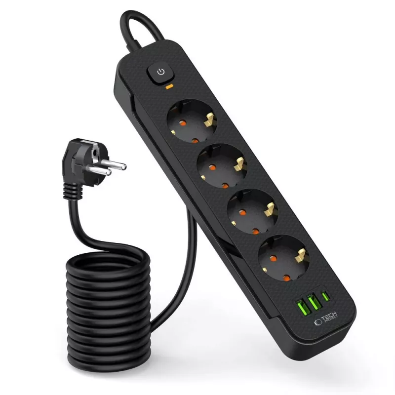 TECH-PROTECT PCL4X3 Regleta de Enchufes Alargada 2 USB y 1 Type-C y 4 Tomas 200cm Negro