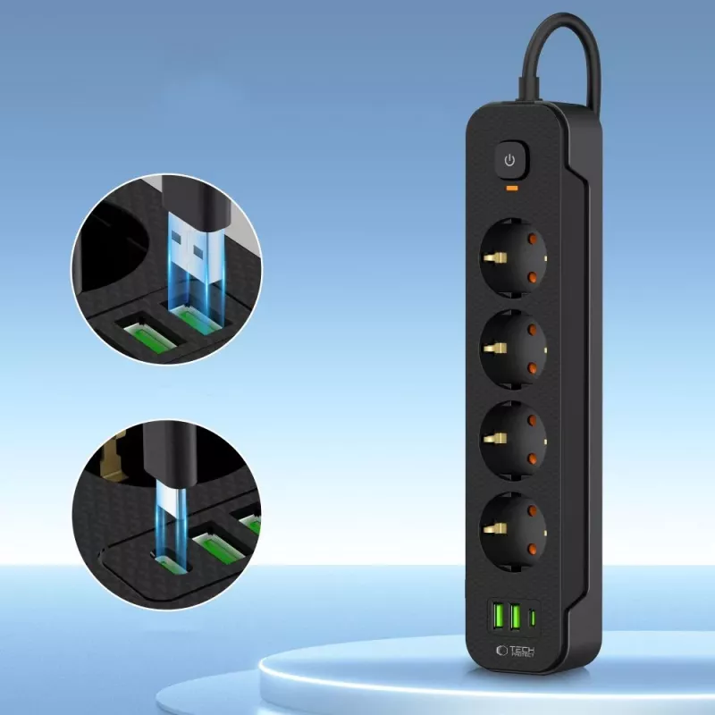 TECH-PROTECT PCL4X3 Regleta de Enchufes Alargada 2 USB y 1 Type-C y 4 Tomas 200cm Negro