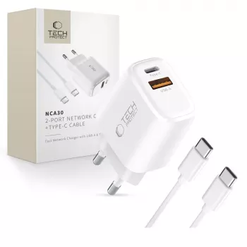 TECH-PROTECT NCA30 Cargador de Red de 2 Puertos PD 30W / QC3.0 + Cable USB-C Blanco