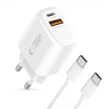 TECH-PROTECT NCA30 Cargador de Red de 2 Puertos PD 30W / QC3.0 + Cable USB-C Blanco