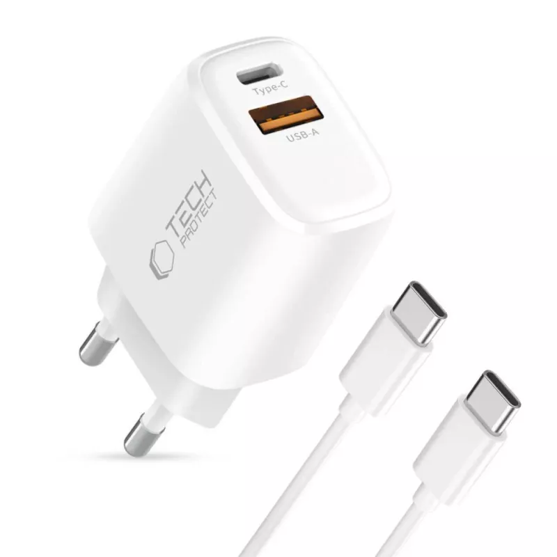 TECH-PROTECT NCA30 Cargador de Red de 2 Puertos PD 30W / QC3.0 + Cable USB-C Blanco