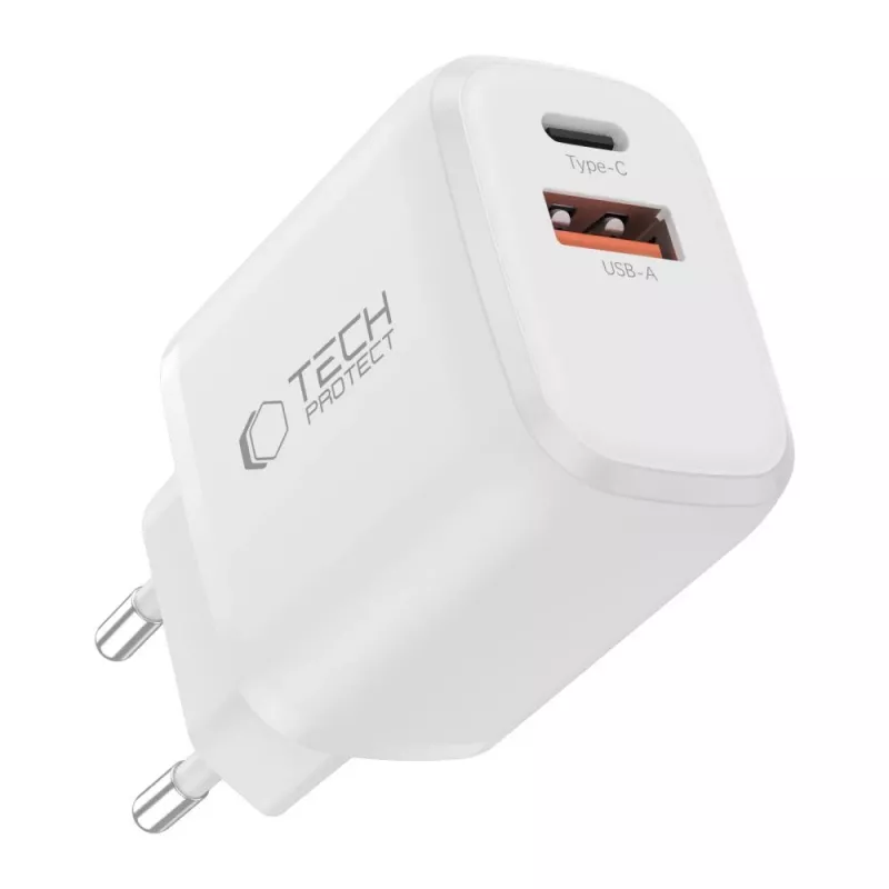 TECH-PROTECT NCA30 Cargador de Red de 2 Puertos PD 30W / QC3.0 + Cable USB-C Blanco