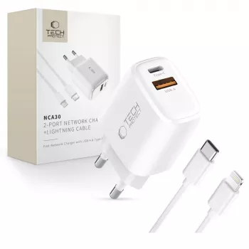 TECH-PROTECT NCA30 Cargador de Red de 2 Puertos PD 30W / QC3.0 + Cable Lightning Blanco