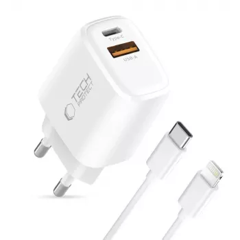 TECH-PROTECT NCA30 Cargador de Red de 2 Puertos PD 30W / QC3.0 + Cable Lightning Blanco