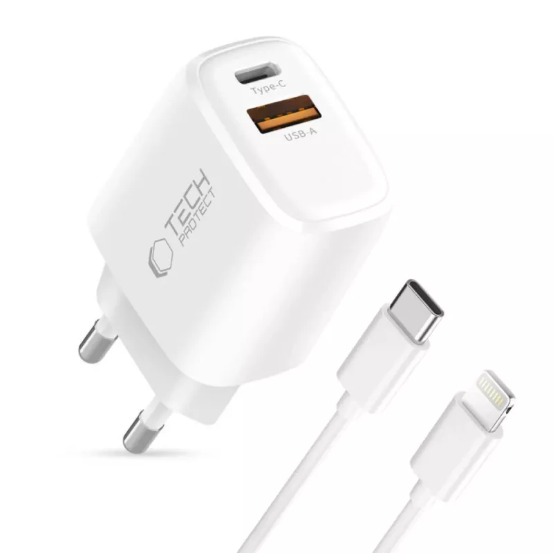 TECH-PROTECT NCA30 Cargador de Red de 2 Puertos PD 30W / QC3.0 + Cable Lightning Blanco