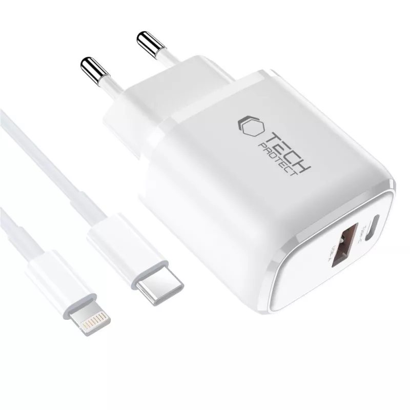 TECH-PROTECT NCA30 Cargador de Red de 2 Puertos PD 30W / QC3.0 + Cable Lightning Blanco