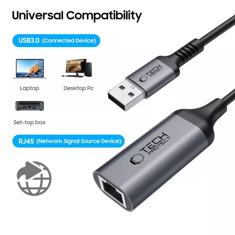TECH-PROTECT ULTRABOOST Adaptador USB 3.0 a Ethernet RJ45 1000Mbps Negro