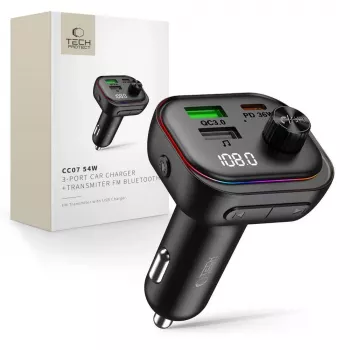 TECH-PROTECT CC07 Cargador de coche 3 puertos PD 54W + Transmisor FM Bluetooth Negro