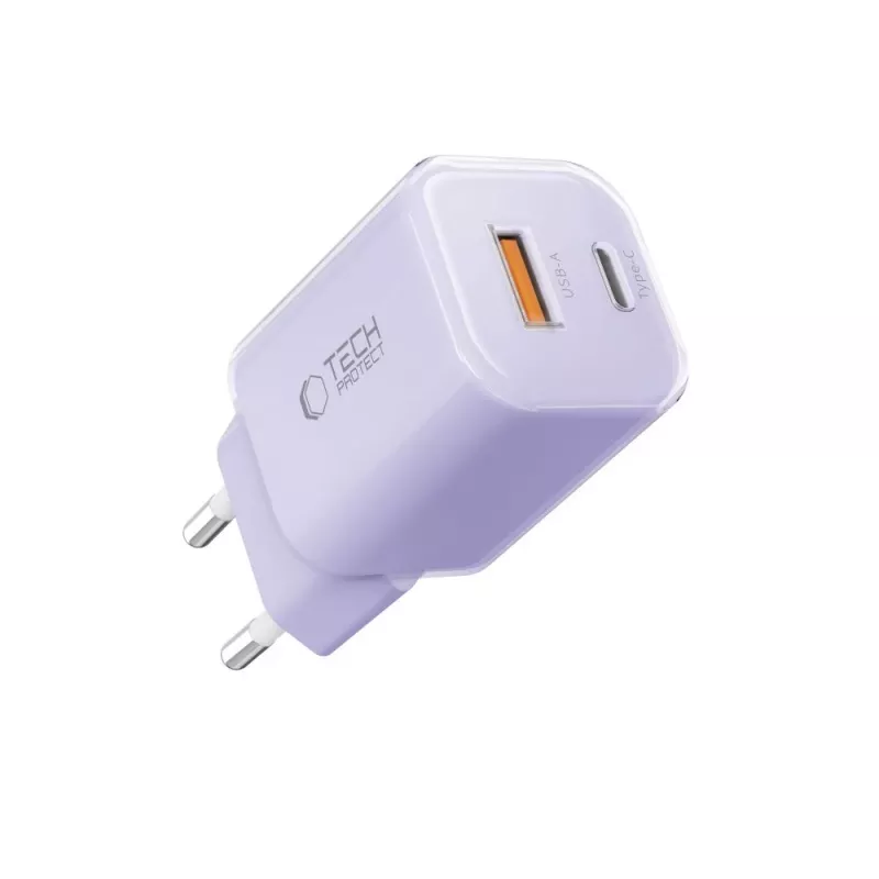 TECH-PROTECT NCM33 Cargador de red de 2 puertos PD 33W / QC3.0 Lila bebé