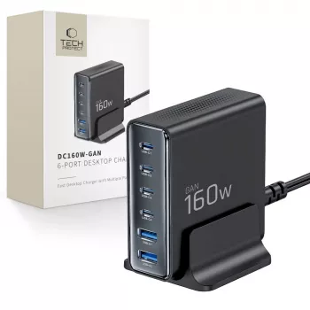 TECH-PROTECT DC160W-GAN Cargador de sobremesa de 6 puertos PD 160W / QC3.0 negro