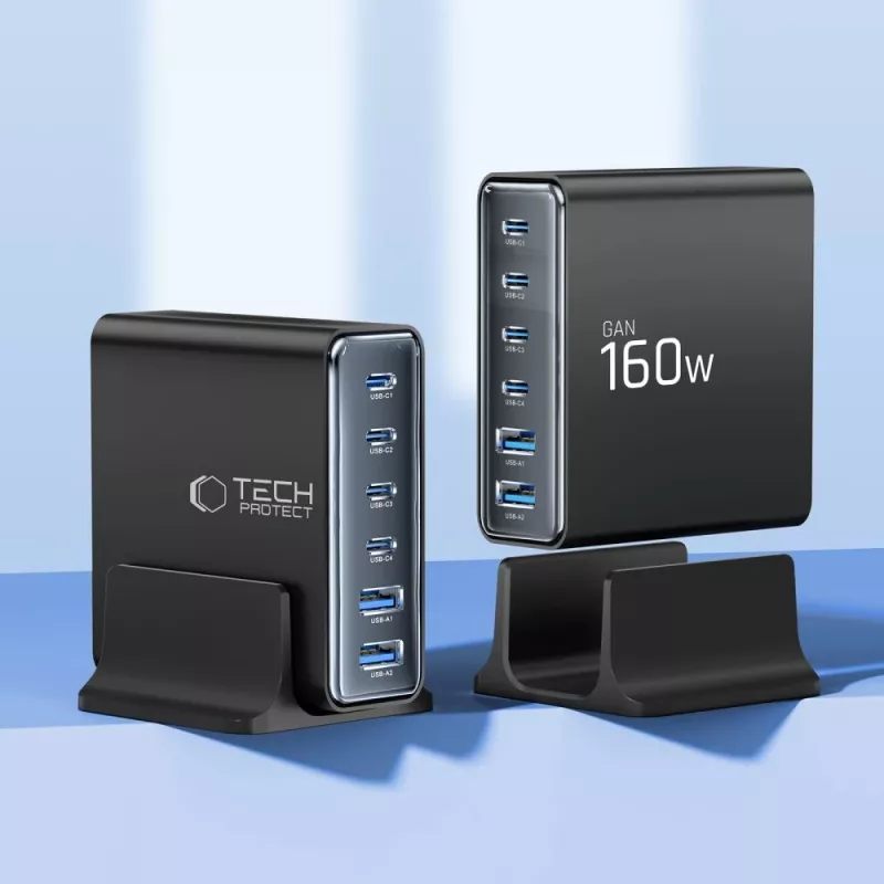 TECH-PROTECT DC160W-GAN Cargador de sobremesa de 6 puertos PD 160W / QC3.0 negro