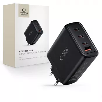 TECH-PROTECT NC120W-GAN Cargador de red de 4 puertos PD 120W / QC3.0 negro