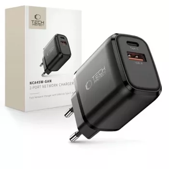 TECH-PROTECT NCA45W-GAN Cargador de red de 2 puertos PD 45W / QC3.0 negro