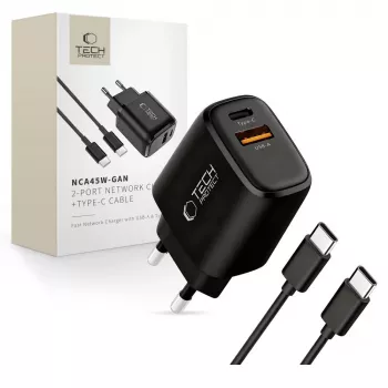 TECH-PROTECT NCA45W-GAN Cargador de red de 2 puertos PD 45W / QC3.0 + cable USB-C negro