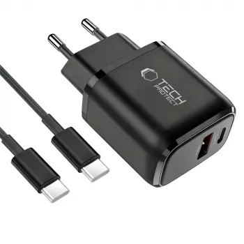 TECH-PROTECT NCA45W-GAN Cargador de red de 2 puertos PD 45W / QC3.0 + cable USB-C negro