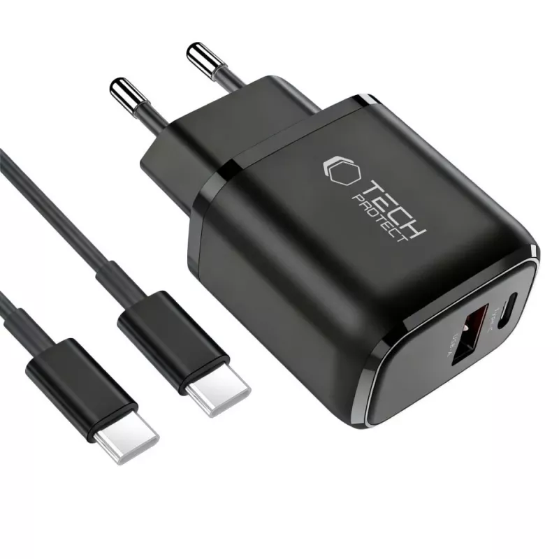 TECH-PROTECT NCA45W-GAN Cargador de red de 2 puertos PD 45W / QC3.0 + cable USB-C negro