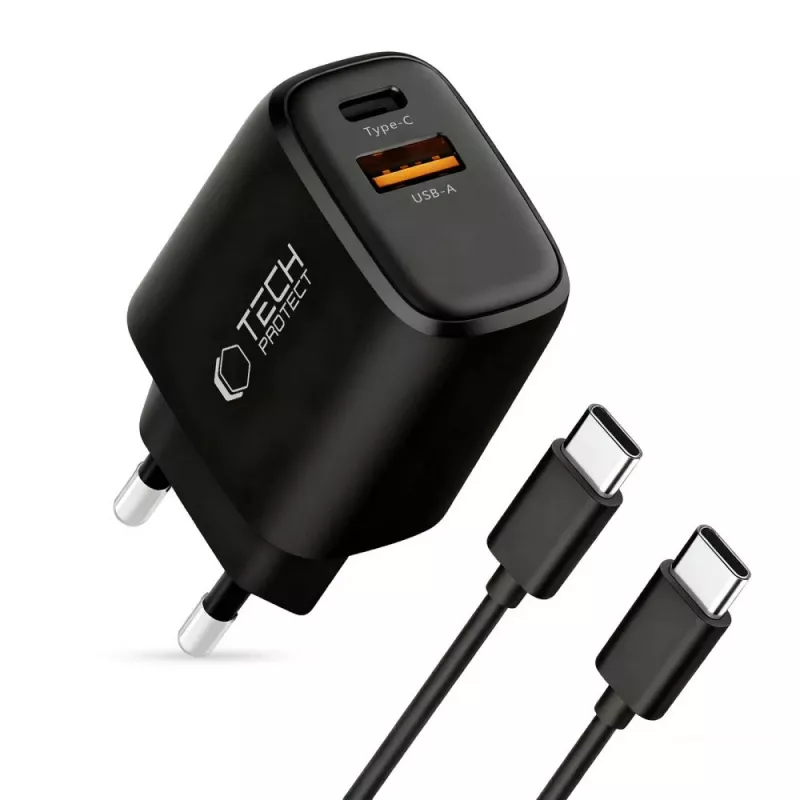 TECH-PROTECT NCA45W-GAN Cargador de red de 2 puertos PD 45W / QC3.0 + cable USB-C negro