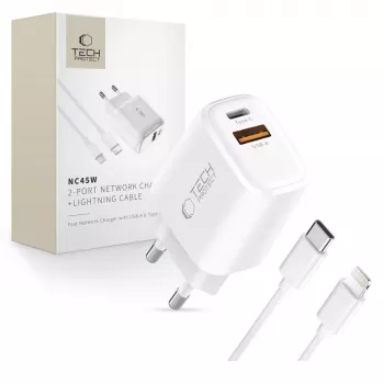 TECH-PROTECT NCA45W-GAN Cargador de red de 2 puertos PD 45W / QC3.0 + cable Lightning blanco