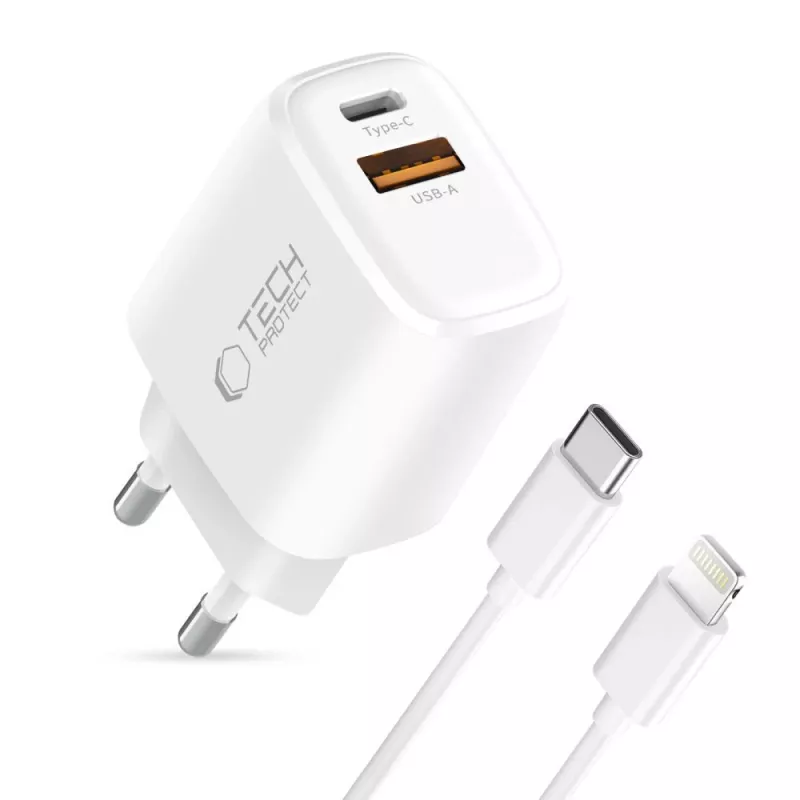 TECH-PROTECT NCA45W-GAN Cargador de red de 2 puertos PD 45W / QC3.0 + cable Lightning blanco