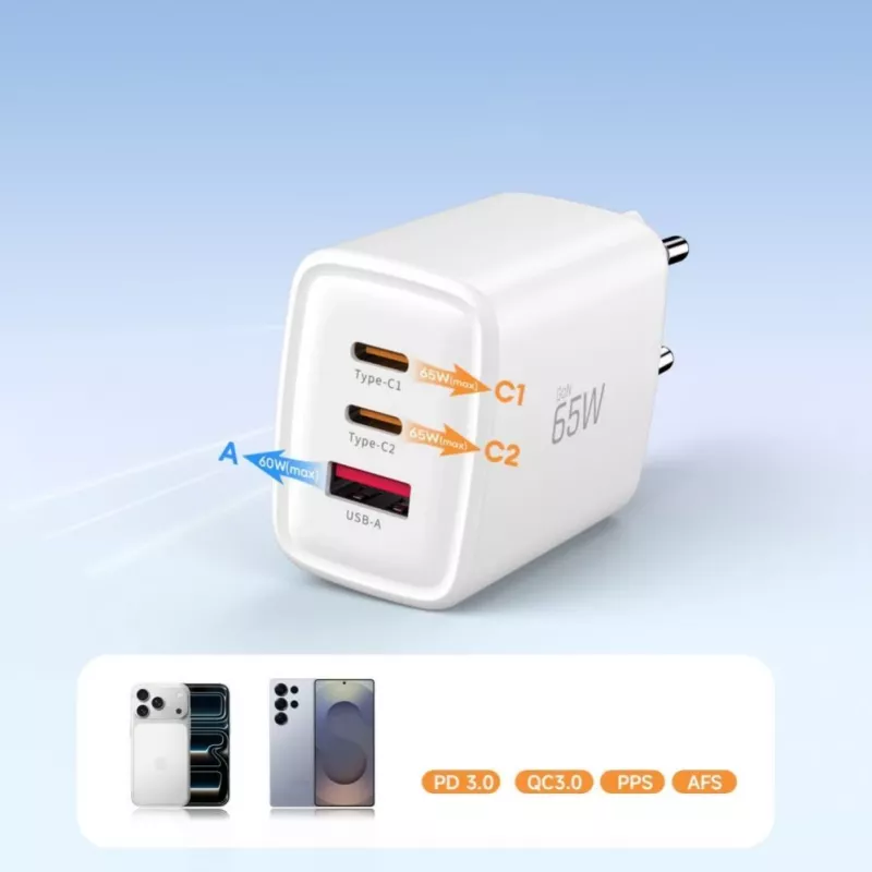 TECH-PROTECT NCA65W-GAN Cargador de red de 3 puertos PD 65W / QC3.0 blanco