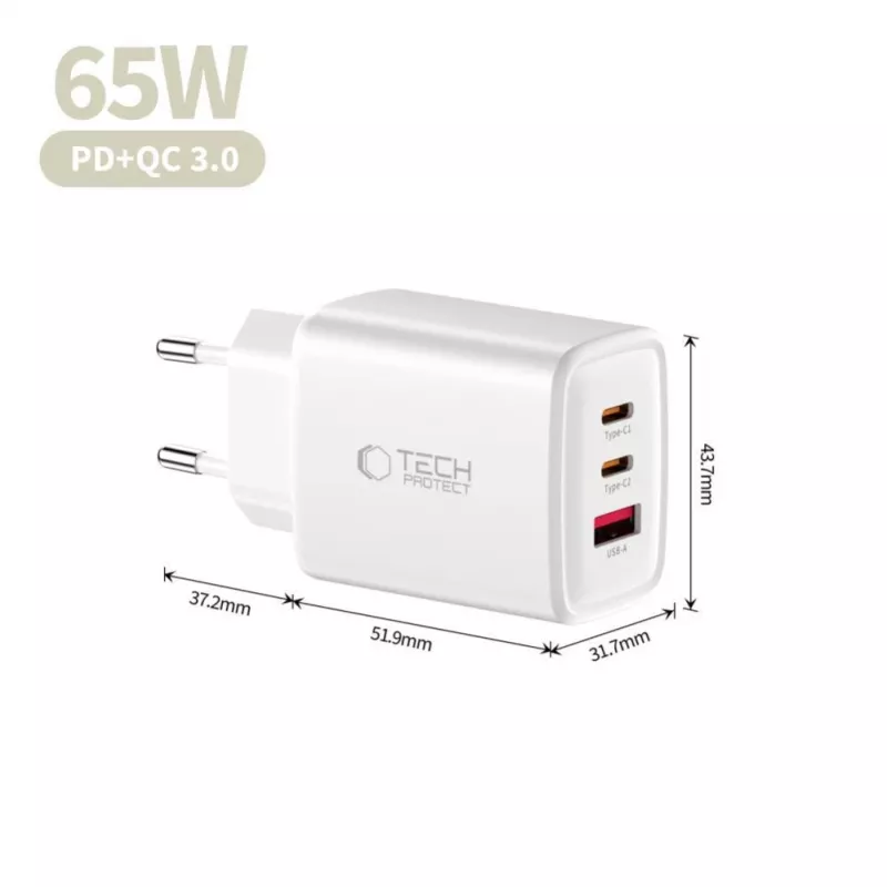 TECH-PROTECT NCA65W-GAN Cargador de red de 3 puertos PD 65W / QC3.0 blanco