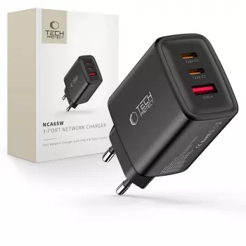 TECH-PROTECT NCA65W-GAN Cargador de red de 3 puertos PD 65W / QC3.0 negro
