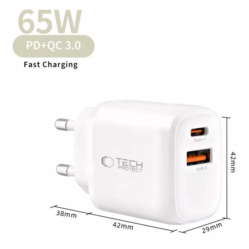 TECH-PROTECT NCA65W-GAN Cargador de red de 2 puertos PD 65W / QC3.0 blanco