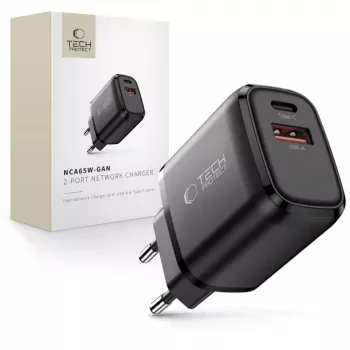 TECH-PROTECT NCA65W-GAN Cargador de red de 2 puertos PD 65W / QC3.0 negro