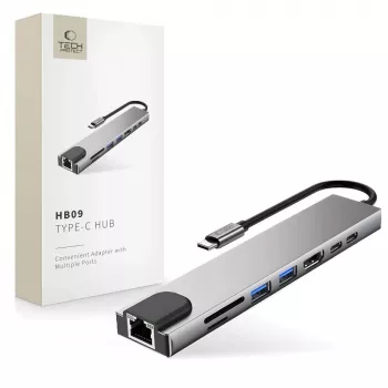 TECH-PROTECT HB09 Adaptador hub 8 en 1 USB-C a USB-A 3.0, USB-C 3.0, HDMI 4K 60Hz, SD/TF, PD 100W, RJ45 Gigabit Ethernet, Space Grey